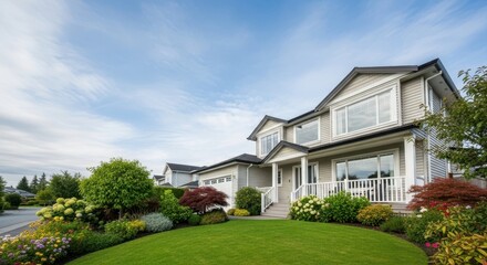 Beautiful suburban house with manicured lawn and vibrant flower garden on a sunny day