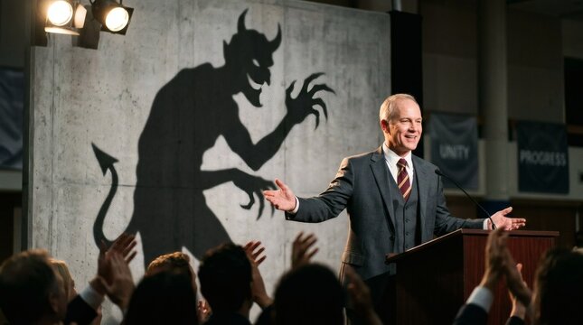 Charismatic politician with a sinister devil shadow at a public speech.