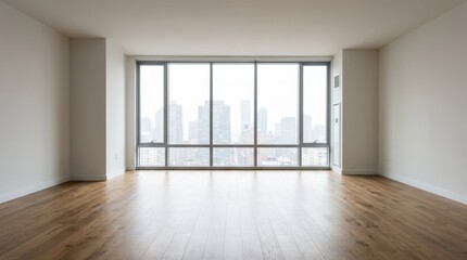 Obraz premium Spacious empty apartment with panoramic city skyline views through large windows