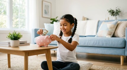 Young girl happily saving money in a pink piggy bank at home