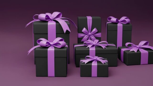 A collection of elegantly wrapped gifts with purple ribbons on a gradient purple background