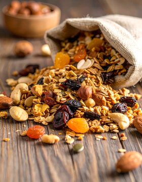 Granola spilling from a burlap sack on rustic wood table, nuts in bowl in the background