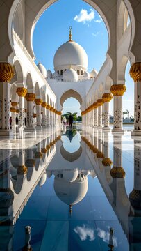 Grand white mosque architecture reflected in glossy tile floor with a clear blue sky above