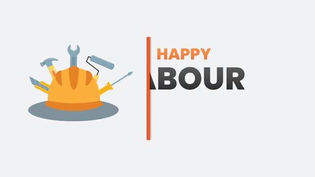 Happy Labour Day Celebration with Essential Work Tools and Safety Hard Hat Animation