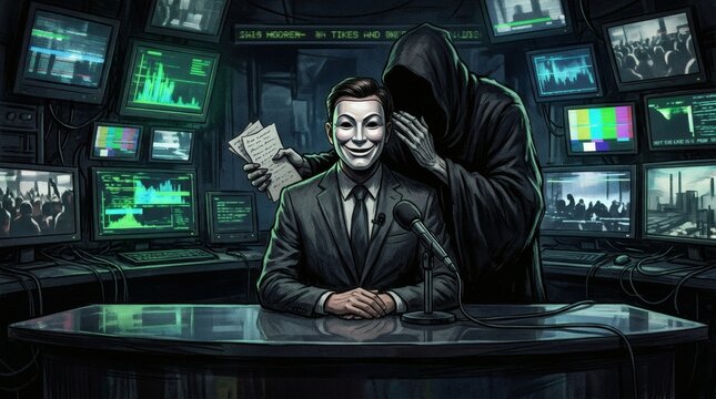 The Hidden Puppet Master Whispering Propaganda to a Masked News Anchor.