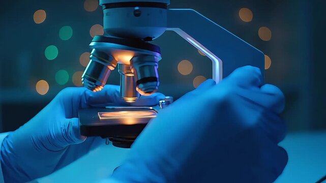 Scientist hands in blue nitrile gloves adjusting sample slide on optical microscope in dark laboratory with moody blue and orange lighting effects