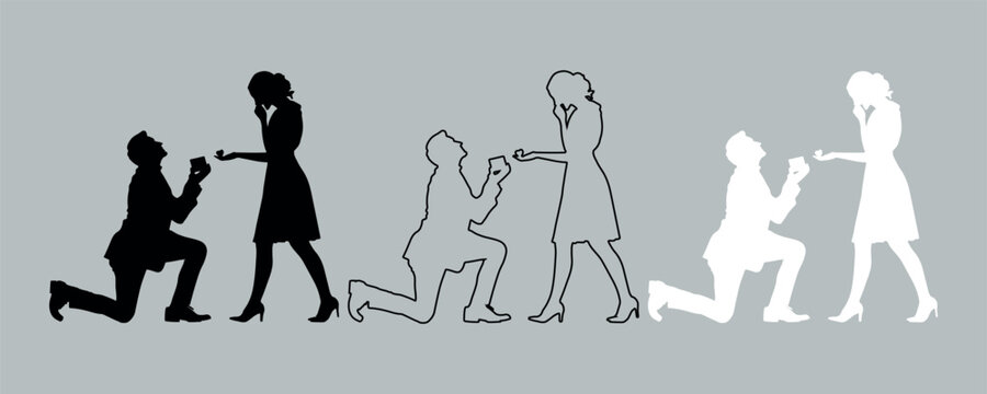 Set of 3 vector illustrations depicting a man proposing marriage to a woman in black silhouette, outline, and white silhouette styles, ideal for wedding and relationship designs.
