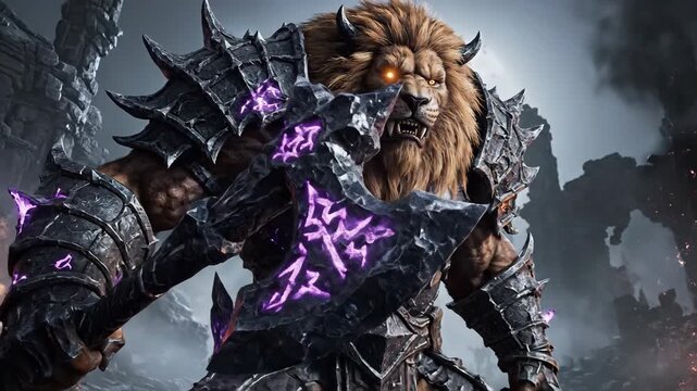 Epic Lion Warrior - A Fantasy Character Ready for Battle in Dark World.
