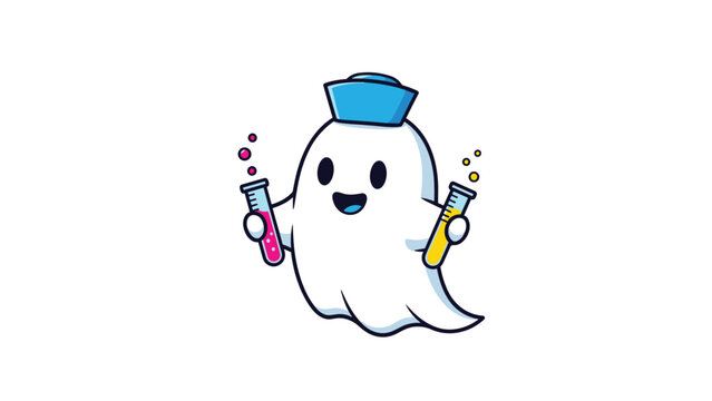 Joyful cartoon ghost character wearing a blue nurse cap and holding two test tubes with colorful liquids for a lighthearted healthcare theme.