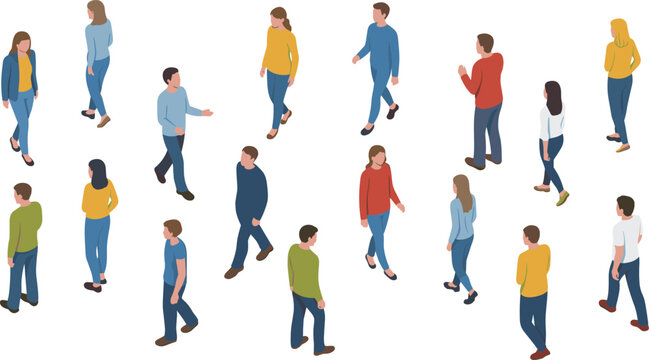 isometric people walking set, diverse men and women characters walking in different poses, modern flat vector crowd illustration