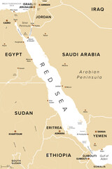Red Sea, political map. Indian Ocean inlet between Africa and Asia connected in the south by Bab-el-Mandeb Strait and Gulf of Aden. To the north Sinai Peninsula, Gulf of Suez and Gulf of Aqaba. Vector