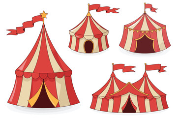 Fototapeta premium Circus Tent Vector Cartoon Flat Icon Set, Classic Carnival Big Top Tent Illustrations Isolated on White Background, Retro Amusement Festival Symbols for Posters, Stickers, Kids Design, and Branding