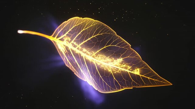 4K Glowing golden and purple transparent leaf skeleton with intricate vein structure on a dark background, symbolizing nature, growth, and ethereal beauty for mystical or organic projects.