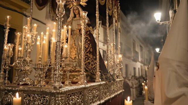 Ornate Virgin Mary statue crowned and dressed in embroidered golden mantle on elaborate silver baroque float surrounded by candles during Spanish Semana Santa nighttime procession in Andalusia