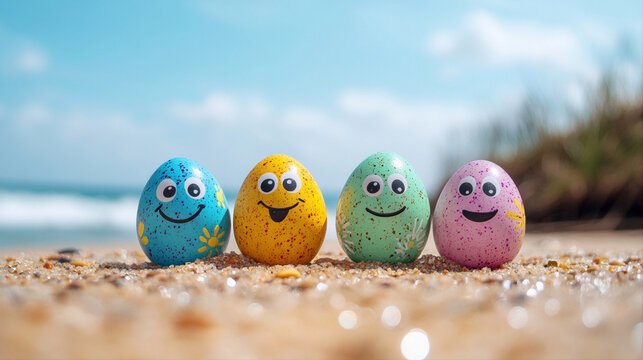 Four Smiling Colorful Easter Eggs on Sandy Beach Background