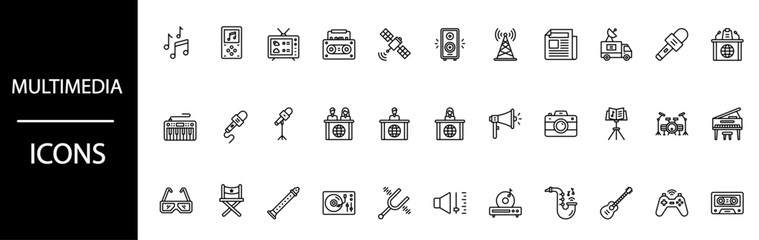 Collection of simple black line icons representing various multimedia and entertainment concepts