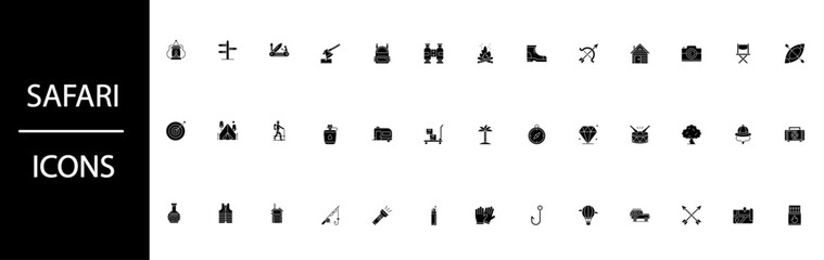Modern black glyph icons for safari and outdoor adventure activities. © Posh Pallete