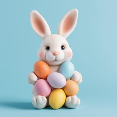 Obraz premium Cute white Easter bunny figurine holding colorful pastel eggs on soft blue background.