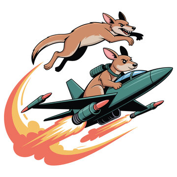 Kangaroo pilot flying jet plane with dingo chasing from sky cartoon vector illustration