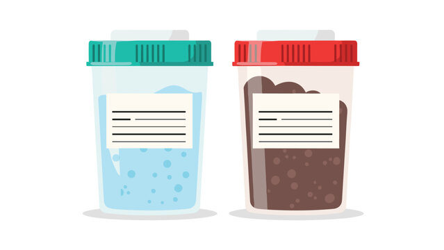 Two medical specimen jars with different types of samples labeled for laboratory analysis and diagnostic testing.