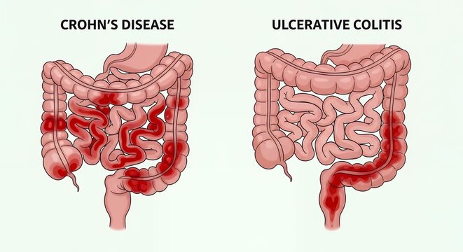 Medical illustration of Crohn's disease and ulcerative colitis comparison in human intestines
