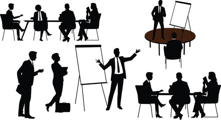 Business meeting and presentation silhouettes set, corporate teamwork discussion collaboration, office conference training strategy planning concept illustration