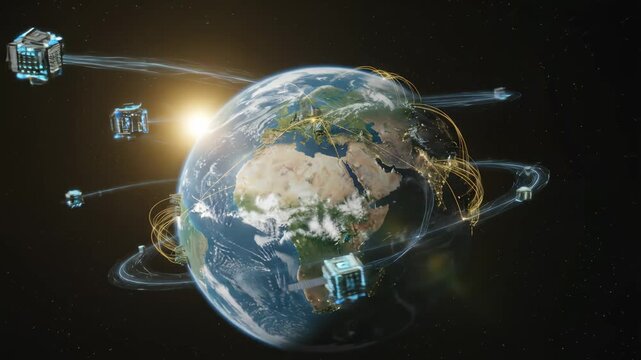 Futuristic Planet Earth in Space with Orbiting Satellites and Glowing Network Connection Lines Representing Global Communication, Internet Technology, and Data Transmission
