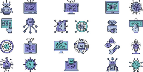 Artificial Intelligence and Machine Learning Technology Icons Set.