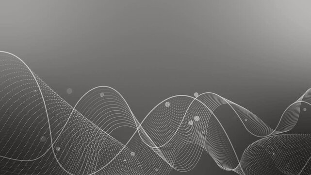 Abstract background with flowing dotted and solid wave lines animation, scattered small white circles, modern minimal tech aesthetic