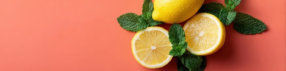 Fresh lemons and mint leaves arranged on coral background with whole fruit and sliced rounds for bright citrus composition ideal for summer themes