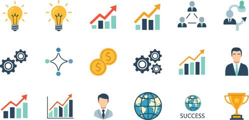 Business and finance icon set with lightbulbs gears charts coins and global success. © Cipew