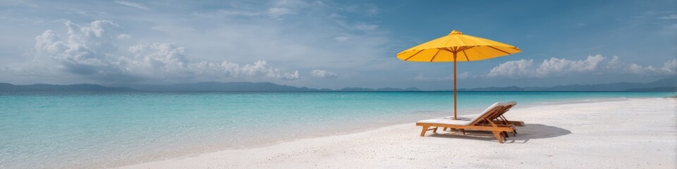 Fototapeta premium Tropical beach with yellow umbrella and lounge chairs on white sand by turquoise water calm seascape horizon for relaxation and vacation