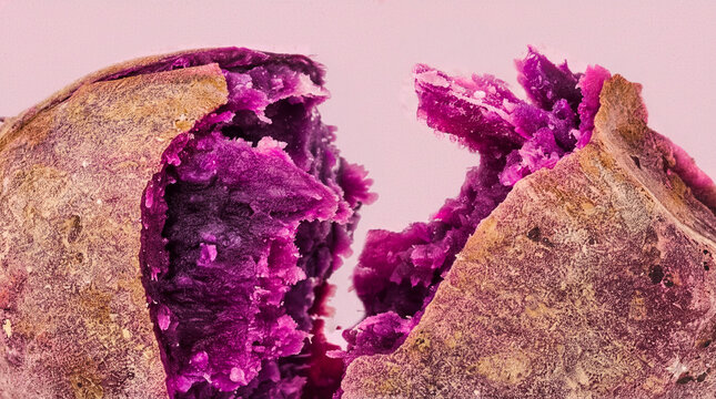 Ultra HD Macro close up of baked ube purple yam root split open, vibrant purple superfood interior and roasted skin texture, healthy plant based ingredient for desserts and drinks, natural food