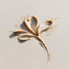 Fototapeta premium Sculpted sand blossom curving stem petal impressions natural relief design on pale sand elegant beach motif