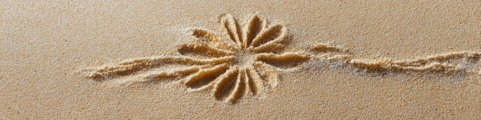 Fototapeta premium Delicate sand flower pattern plumeria petals linear trail beach relief floral impression on fine grain shoreline