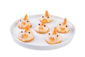 Plakat Salmon egg salad with crackers in the form of chicks in the plate on a white isolated background