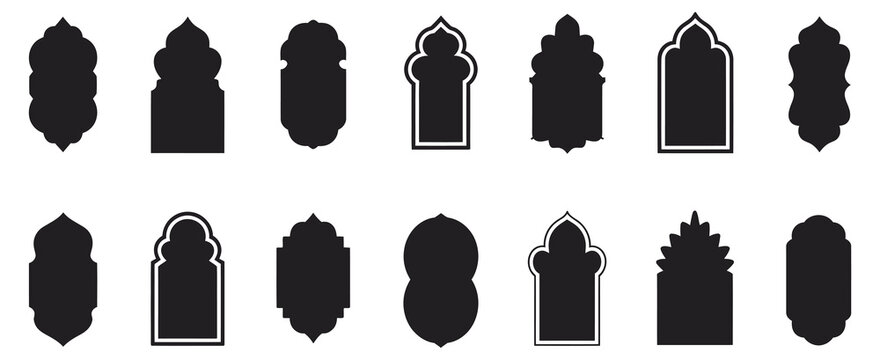 Islamic Door and Arabian Arch Frame Set, Flat Arabic Architecture Silhouette Collection with Mosque Style Doors and Decorative Arches, Middle Eastern Geometric Design Elements