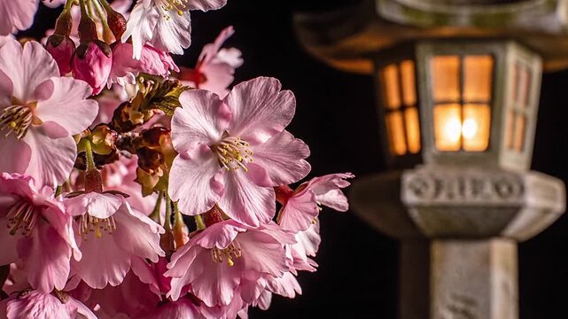 Beautiful Cherry Blossom Flowers with Traditional Lanterns at Night.