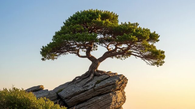 A serene bonsai tree perches on a rugged rock formation against a gradient sunset sky