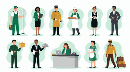 diverse professional staff including office manager, cleaner, chef, waiter and concierge characters, concept for recruitment presentation, human resources development and staffing advertising