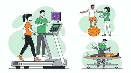 Male physiotherapist helping female patient on treadmill and balance ball, concept for medical rehabilitation, physical therapy training and sports recovery