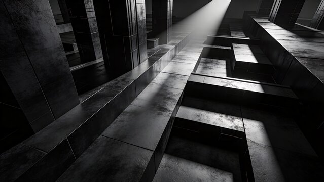 Brutalist concrete labyrinth with dramatic light ray, dark cinematic architectural maze, monochrome industrial stone corridors in shadow