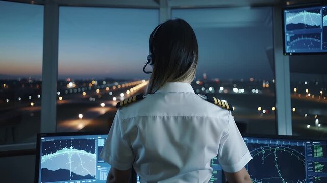 Nighttime air traffic control at the airport with a focus on runway operations and safety measures