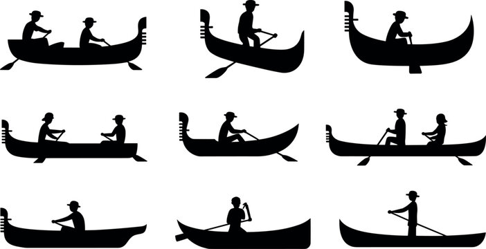 Canoe and gondola boat silhouette collection with people rowing paddles isolated on white background, water transport vector illustration set
