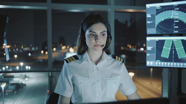 Air traffic controller monitors flights at night in control tower with multiple screens