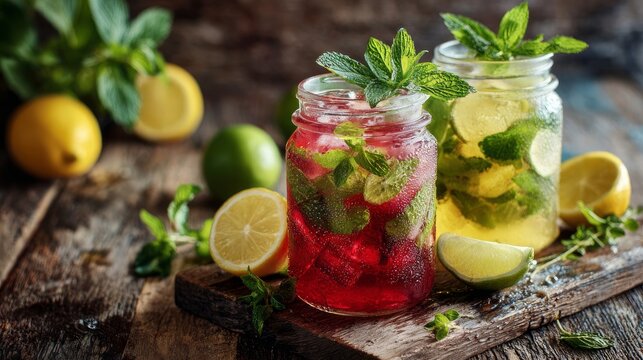 Refreshing lemonade, flavored with mint and real fruit, sat on a wooden table.