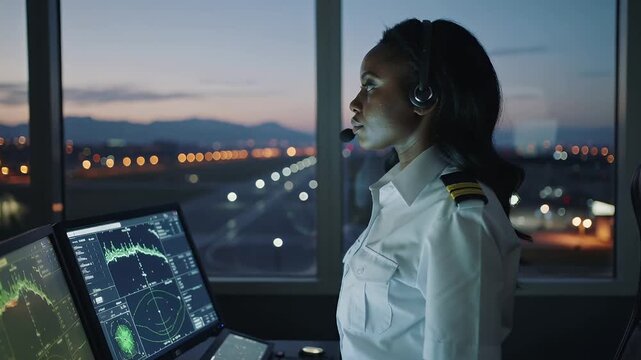 Air traffic controller works during dusk at busy airport while monitoring flights and communicating with pilots