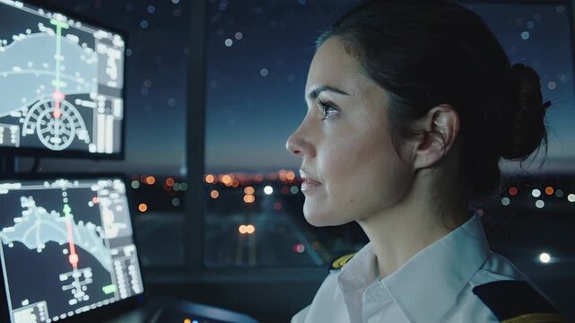 Pilot monitors flight instruments at night in busy airport control tower with city lights in the background