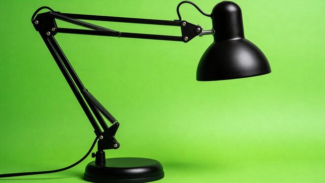 Black adjustable desk lamp on green background, classic metal architect table light, flexible swing arm office lamp for study and work