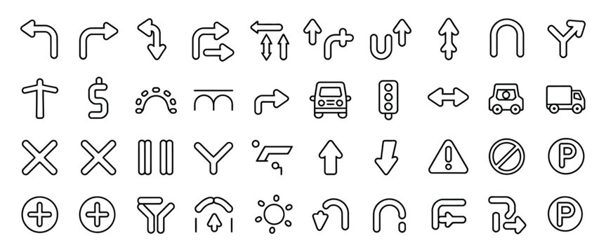 Navigation and Traffic Line Icon Collection, Thin Linear Vector Pictograms of Directional Arrows, Road Signs, Vehicles, Bridge, Parking, Intersection, and Traffic Lights for Map, GPS, and Transport